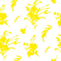 Fototapeta na wymiar Botanical summer pattern with yellow silhouettes of eustoma flowers on a white background. Seamless pattern in vintage style for summer dress textiles and surface designs