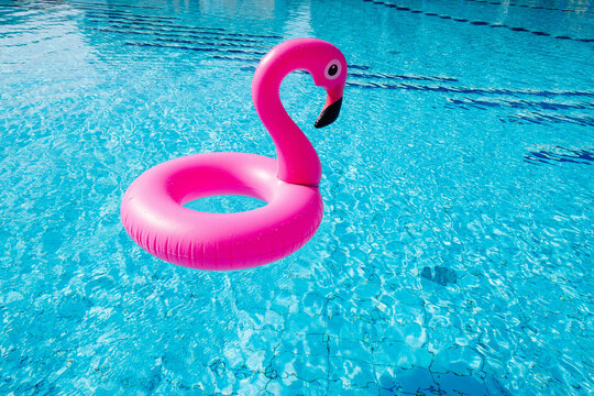 Flamingo toy. Pink inflatable flamingo in pool water for summer beach background. Luxury lifestyle travel.