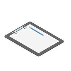 Clipboard in flat style with white empty sheet and blue pencil.