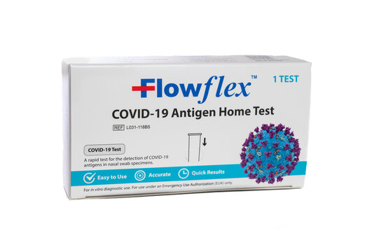 New Jersey, USA - January 2, 2022: A Flowflex Covid-19 Antigen Home Test isolated on a white background.