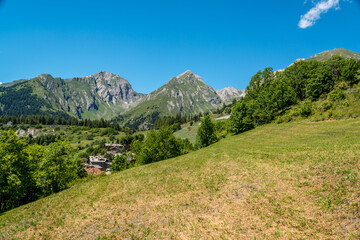 Naklejka na ściany i meble mountain panorama with snowy Monte Bianco on background