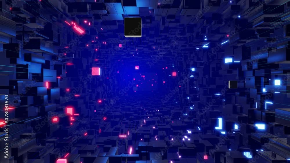 Poster tunnel with neon light. sci-fi bg fly through tech digital space. concept of hi-tech information flo