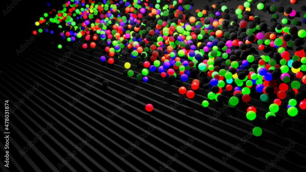 Poster spheres or balls fall down on steps bounce off stair and roll down light up and form pattern. sphere