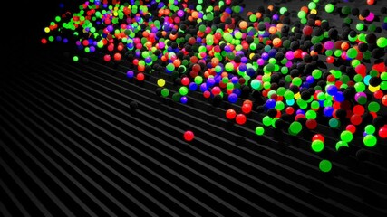 Spheres or balls fall down on steps bounce off stair and roll down light up and form pattern. Spheres and balls like abstract bulbs or garland. Abstract background 4k 3d render Motion design nft style - Powered by Adobe