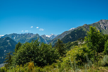 Fototapeta na wymiar mountain panorama with snowy Monte Bianco on background