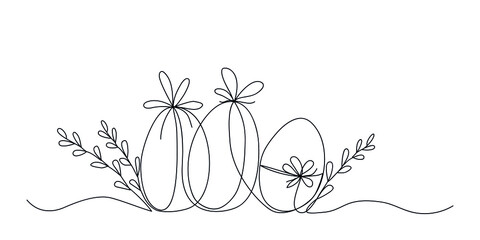 Easter holiday eggs with plant branches drawn by one line. Happy Easter concept. Greeting banner design. Modern art. Vector illustration in minimal style.