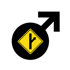 Male gender and sex symbol with MGTOW traffic sign and symbol. Pictogram of Men going their own way. Vector illustration isolated on white.