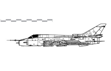Sukhoi Su-17M4 Fitter-K. Vector drawing of fighter-bomber aircraft. Side view. Image for illustration and infographics.