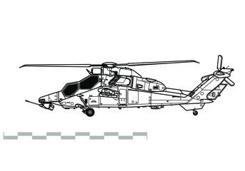 Eurocopter EC665 Tiger PAH-2 HAP/HAD/ARH. Vector drawing of attack helicopter. Side view. Image for illustration and infographics.