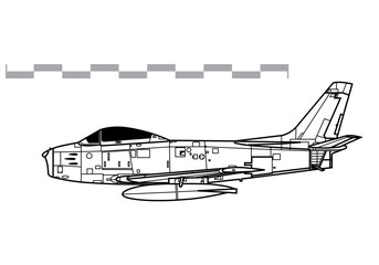 Fototapeta na wymiar North American F-86A Sabre. Vector drawing of early jet fighter aircraft. Side view. Image for illustration and infographics.