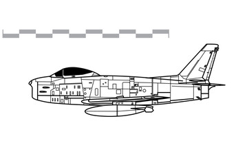 North American F-86H Sabre. Vector drawing of early jet fighter-bomber aircraft. Side view. Image for illustration and infographics.