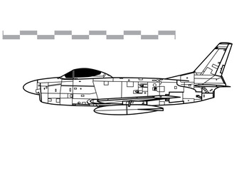 North American F-86D Sabre. Vector drawing of early jet interceptor aircraft. Side view. Image for illustration and infographics. - obrazy, fototapety, plakaty