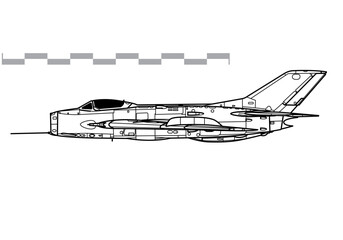 Mikoyan-Gurevich MiG-19 Farmer-A. Shenyang J-6. Vector drawing of early jet fighter aircraft. Side view. Image for illustration and infographics.