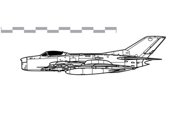 Mikoyan-Gurevich MiG-19PM Farmer-E. Vector drawing of early jet interceptor aircraft. Side view. Image for illustration and infographics. - obrazy, fototapety, plakaty