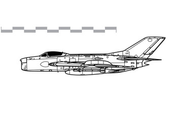 Mikoyan-Gurevich MiG-19PT Farmer-E. Vector drawing of early jet fighter aircraft. Side view. Image for illustration and infographics.