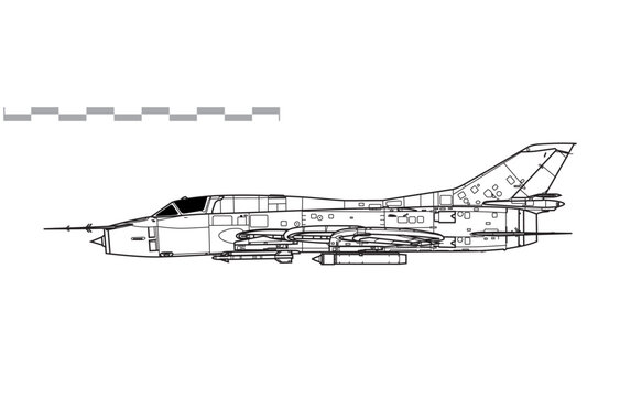 Sukhoi Su-22M Fitter-F. Vector drawing of fighter-bomber aircraft. Side view. Image for illustration and infographics.