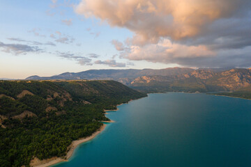 The Lac de Sainte-Croix and its green forests in Europe, France, Provence Alpes Cote dAzur, Var, in...