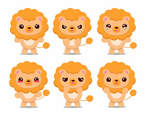 Set cute cartoon lion with different emotions