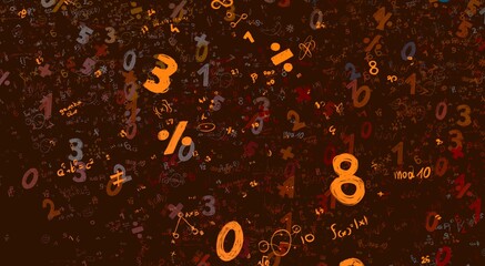 Numbers hand drawing with math symbols on colorful background.