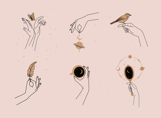 Hand drawn vector mystical and astrology signs. Liner templates logos or emblems hands in different gestures