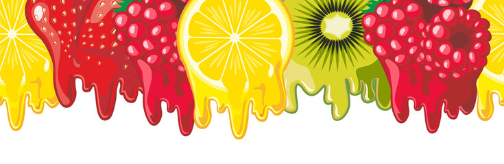 Seamless border with juicy melting fruits and berries