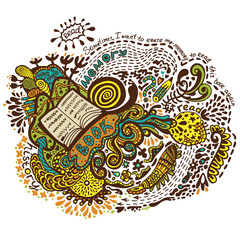 Vector print with book and abstract graphics. Great for stickers, t-shirts, bags and other surfaces.