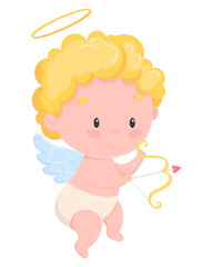Obraz premium Happy Valentines day. Cute funny Cupid Angel with bow and love arrow. Cheerful Amur baby cartoon character. Stock vector illustration on white background