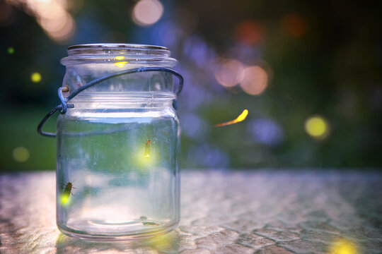 Fireflies in a jar outdoors at night