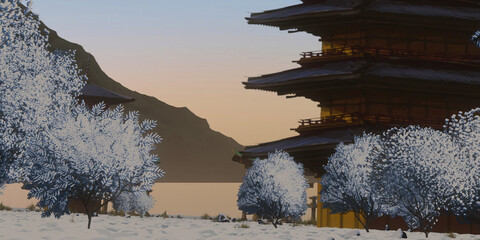Japanese vintage concept art. Old traditional architecture. Asian winter. Colorful artistic scenery.
