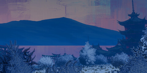 Japanese vintage concept art. Old traditional architecture. Asian winter. Colorful artistic scenery.