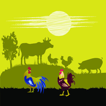 Farm-Nutztiere Silhouetten einzeln auf dem Feld, Sonnenuntergang. Symbole für Kuh, Schwein und Hahn