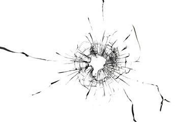 Holes from balls in glass on a white background. The texture of cracked broken glass.