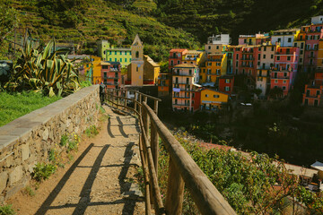 panoramic view of Riomaggiore colorful village, Cinque Terre, Italy