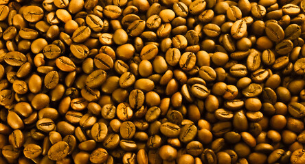 Texture of golden coffee beans, background close-up.