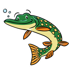 Pike in water. Funny kids vector illustration