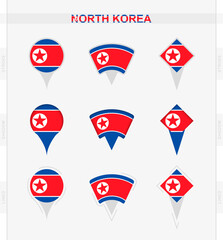North Korea flag, set of location pin icons of North Korea flag.