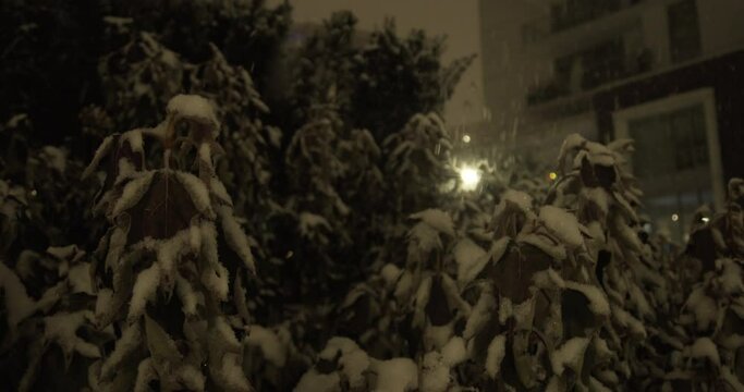 4K Stock footage of a snowfall blizzard in Vancouver's cityscape at night