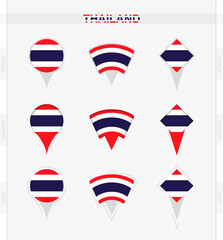 Thailand flag, set of location pin icons of Thailand flag.