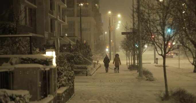4K Stock footage of people walking in the park during a snowfall blizzard in Vancouver's cityscape at night