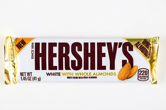 May 4, 2021. New York, US. Close up of King size hersheys chocolate bar on isolated white background.