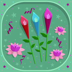 Vector Image Of Paper Flowers, On The Background Of A Paper Frame, Stars, Colorful Circles And Festive Ribbons