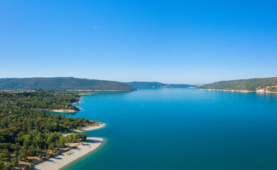 The panoramic view of Lake Sainte-Croix in Europe, France, Provence Alpes Cote dAzur, Var, in summer, on a sunny day.