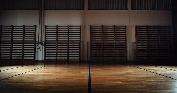 Empty Gym With Wooden Floor And Wall Bars