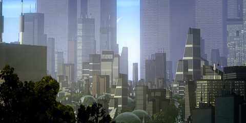 Urban skyline. Downtown area. City panorama. Colorful artistic scenery. Digital art.