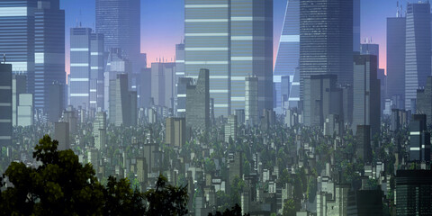 Urban skyline. Downtown area. City panorama. Colorful artistic scenery. Digital art.