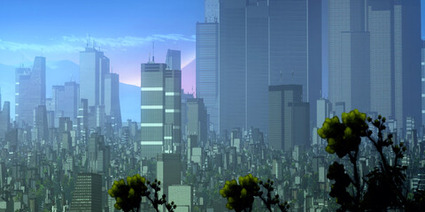 Obraz na płótnie Canvas Urban skyline. Downtown area. City panorama. Colorful artistic scenery. Digital art.