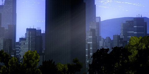Obraz na płótnie Canvas Urban skyline. Downtown area. City panorama. Colorful artistic scenery. Digital art.