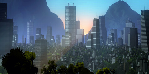 Fototapeta premium Urban skyline. Downtown area. City panorama. Colorful artistic scenery. Digital art.