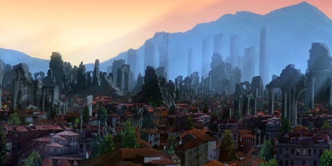 Temple ruins. Medieval stylized scenery. Morning light. © Jakub