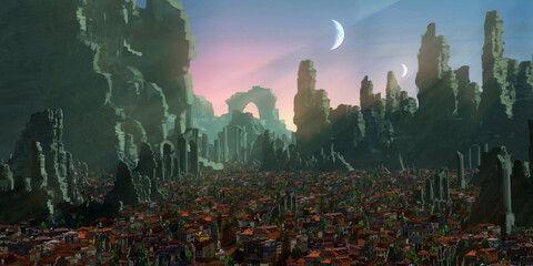 Temple ruins. Medieval stylized scenery. Morning light. © Jakub